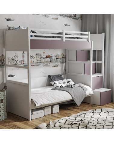Lit superposé ENZO 2 couchages avec escalier et grand lit en bas blanc et gris