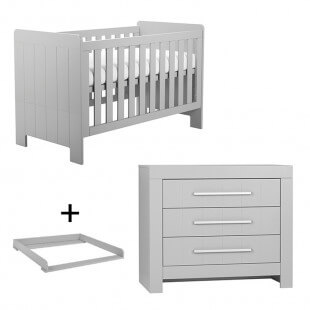 Pack lit bébé à barreaux 140x70 + commode langer CALMO gris