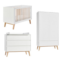 Pack lit bébé 120 + commode avec plan à langer+ armoire double SWING blanc et hêtre