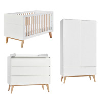 Pack lit bébé 140+ commode avec plan à langer+ armoire double SWING blanc et hêtre