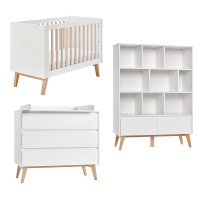 Pack lit bébé 120+ commode avec plan à langer+ bibliothèque SWING blanc et hêtre