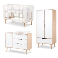 Pack lit bébé 120 + commode à langer + armoire double blanc et hêtre