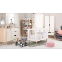 Pack lit bébé 120 + commode à langer + armoire double blanc et hêtre