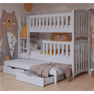 NATHAN III - Lit superposé 3 couchages avec barrières hautes blanc ou gris pour enfant