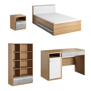PLANO - Pack mobilier chambre ado lit avec matelas + bureau + chevet + grande bibliothèque