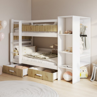 APOLLO - Lit Superposé avec grande étagère et penderie intégrée